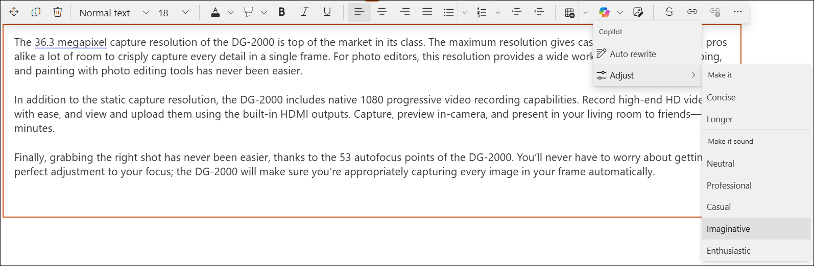 The screenshot of a quick view of Copilot in SharePoint editor