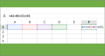 4 cells in different colors with formula that matches colors