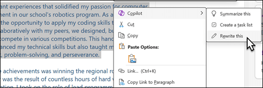 Some text selected in OneNote. The context menu is shown, with "Copilot" selected, and "Rewrite this" selected on the sub-menu.