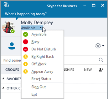Screenshot of the Skype for Business window with the Status menu open.
