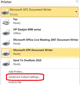 Print advanced output selection in Publisher 2010