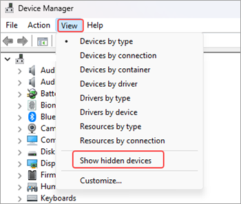 Screenshot of the Device Manager window with the View option selected from the menu ribbon and the Show hidden devices option highlighted in red.