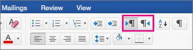 Shows the Right-to-Left and Left-to-Right text buttons in Word 2016 for Mac.