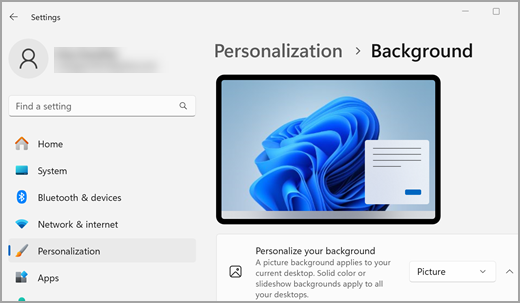 Shows the Background options, with "Personalize your background" near the top, next to a list you can expand for options.