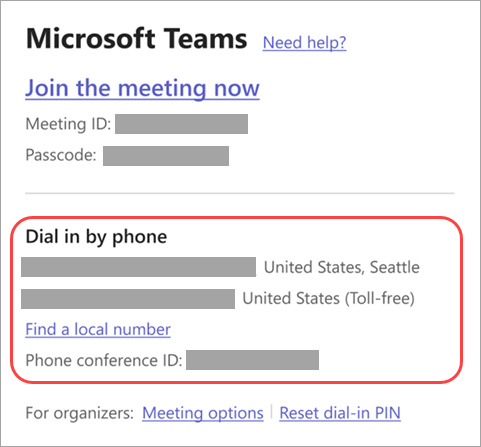 Screenshot showing where you can call into a Teams meeting.