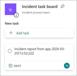 Incident ticket handling board in Planner, showing the task created from the update submission