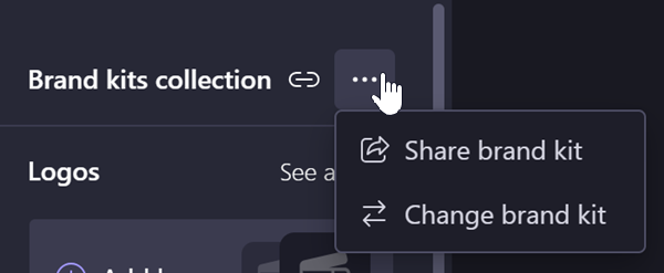 Select "share brand kit" from the context menu to create a shareable link and send it to others in your organization.