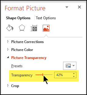 Drag the Transparency slider rightward to adjust the degree of opacity for the picture