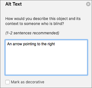 Excel 365 Write Alt Text dialog for shapes