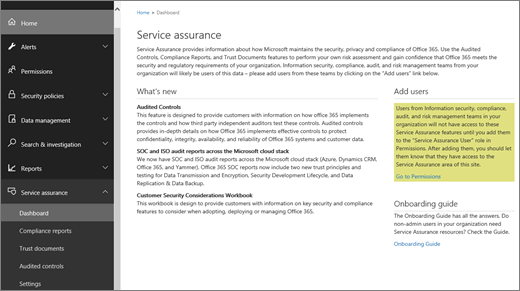 Screenshot of the Service assurance dashboard of the Office 365 Security & Compliance Center, which includes information about what's new, and links to add users and to the onboarding guide.