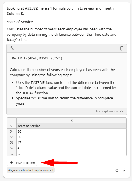 Screenshot showing Copilot chat pane with arrow pointing to Insert column button