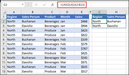 Using UNIQUE to return a list of sales people.