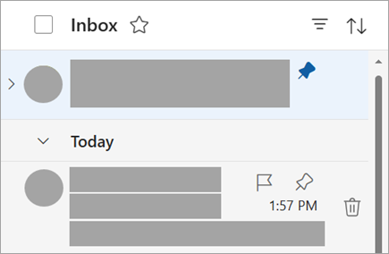 Screenshot showing the message list with a pinned message at the top and an unpinned message under Today's email