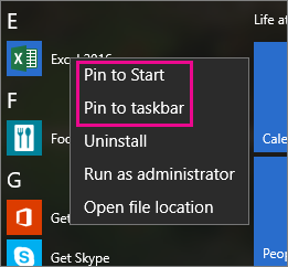 Pin Office apps to Start or to taskbar in Windows 10