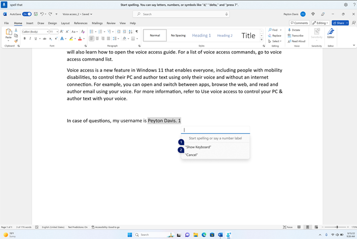 Spelling window is floating on top of the Word application, with empty text box and options to 'show keyboard' or 'cancel' with number labels.