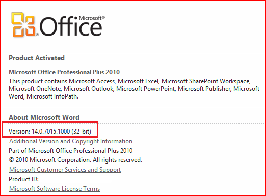 On the File tab, click Help. You will see the version information in the About Microsoft Application Name section.