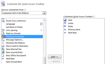 Customize the Quick Access Toolbar with additional commands dialog box