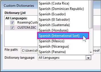 Selecting a language for a custom dictionary