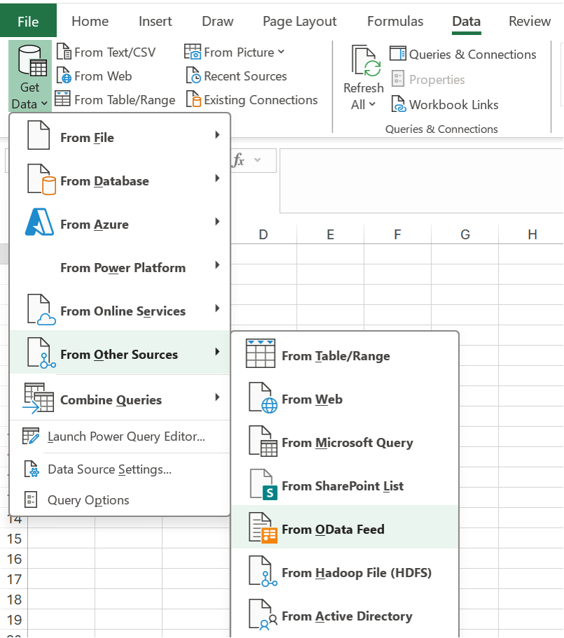 Use File > Get Data to create a Power Query connection for Python in Excel.