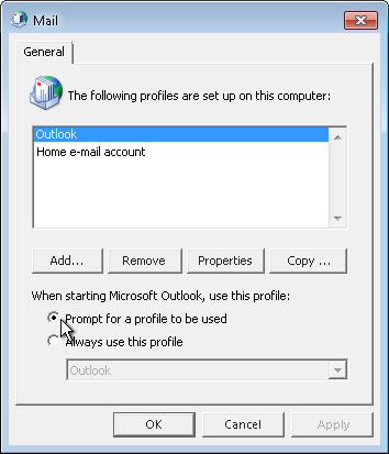 Prompt for a profile to be used command on Mail dialog box