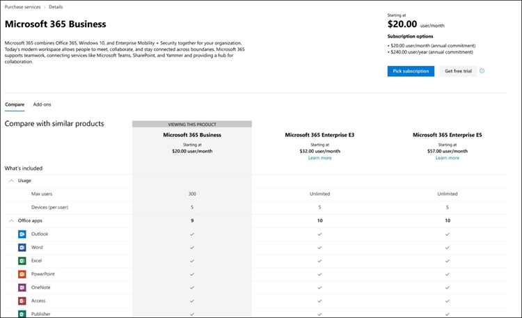 Screen capture: Purchase services plan comparison chart in Microsoft 365 admin center preview