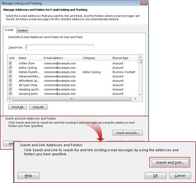 the manage linking and tracking dialog box with the search and link button outlined.