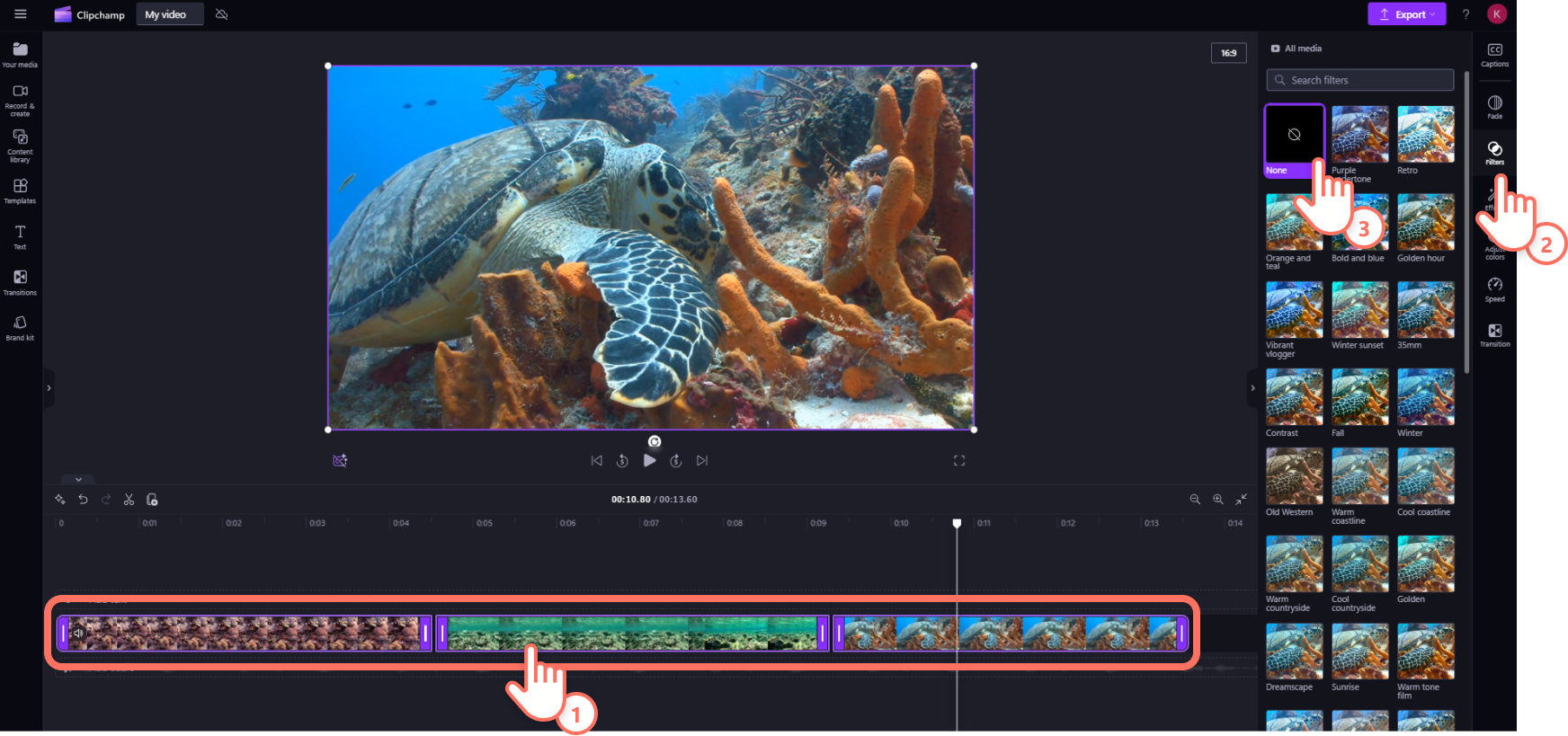 A user removing a filter from multiple videos in Clipchamp.