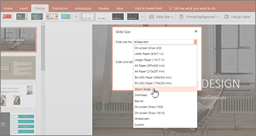 Presentation with Slide Size dialog box in the foreground