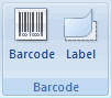 Barcode and Label commands on the Ribbon