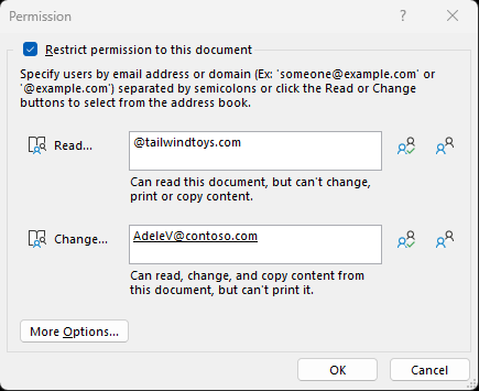 The restrict permissions dialog lets you specify which users or domains can read or change your file. 