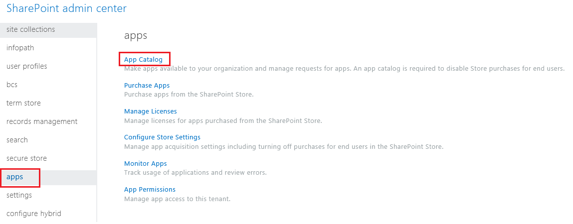 Screenshot of the SharePoint Admin Center App Categories.