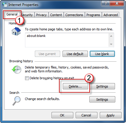 On the General tab, click Delete under Browsing History in the Internet Properties dialog box.