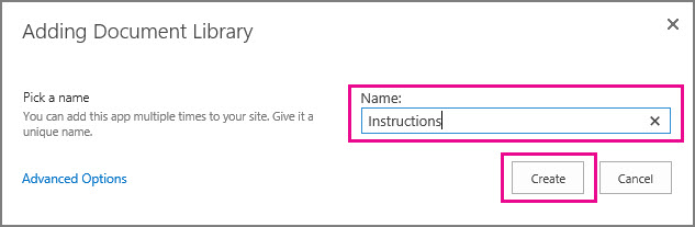 Type a name for your document library and the choose Create.