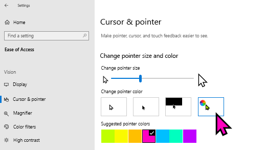 Change pointer size and color in Windows 10 Settings app