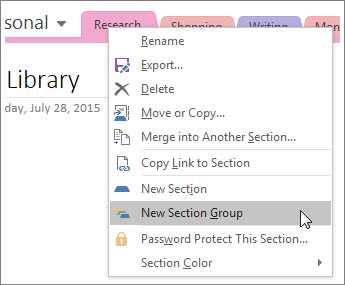 Screenshot of how to create a new sectino group in OneNote 2016.