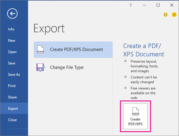 Create PDF/XPS button on the Export tab in Word 2016.