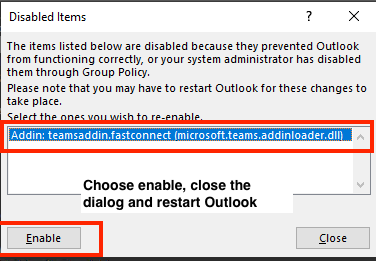 Screenshot of the dialog to enable Disabled items.