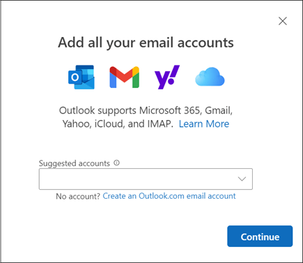 Add account dialog box in new Outlook for Windows