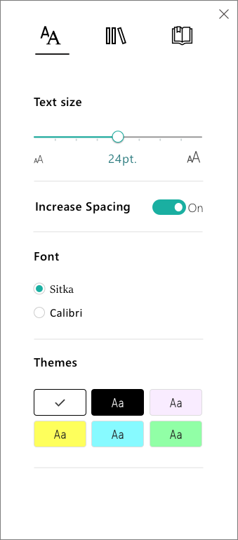 Text Options Menu in Immersive Reader p