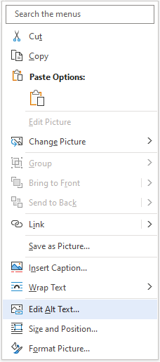 Edit Alt Text option in the context menu for a picture