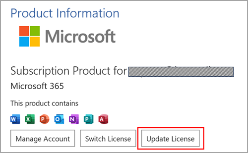 Locating the Update License button in Microsoft Word on Windows.