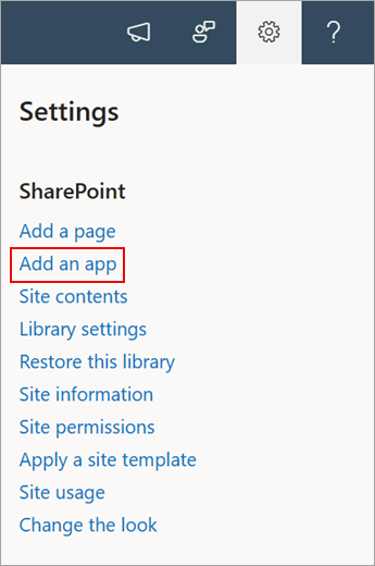 Screenshot showing the Add an app command in SharePoint.