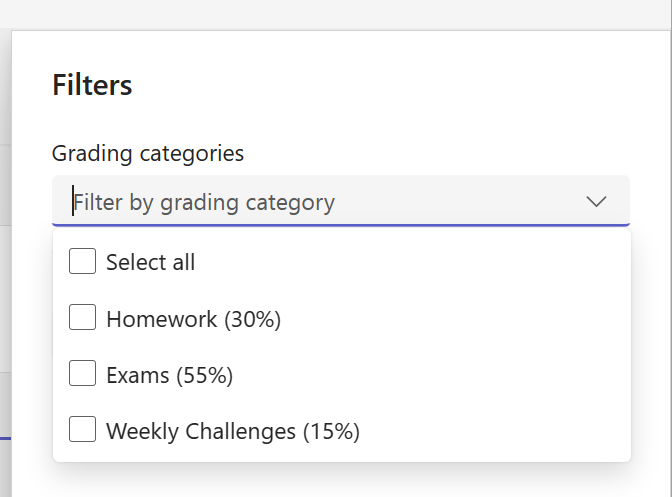 Shows expanded Grading Categories in Assignments List