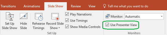 The Slide Show tab in PowerPoint has a check box to control whether Presenter View is used when you show a presentation to others.