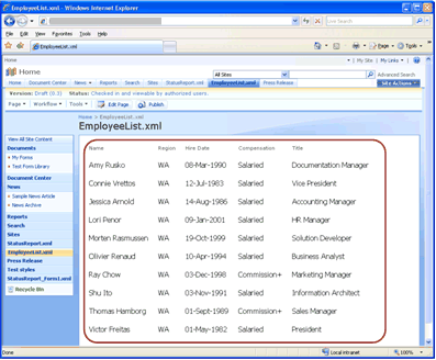 Sample XML employee list converted into a Web page in Office SharePoint Server 2007