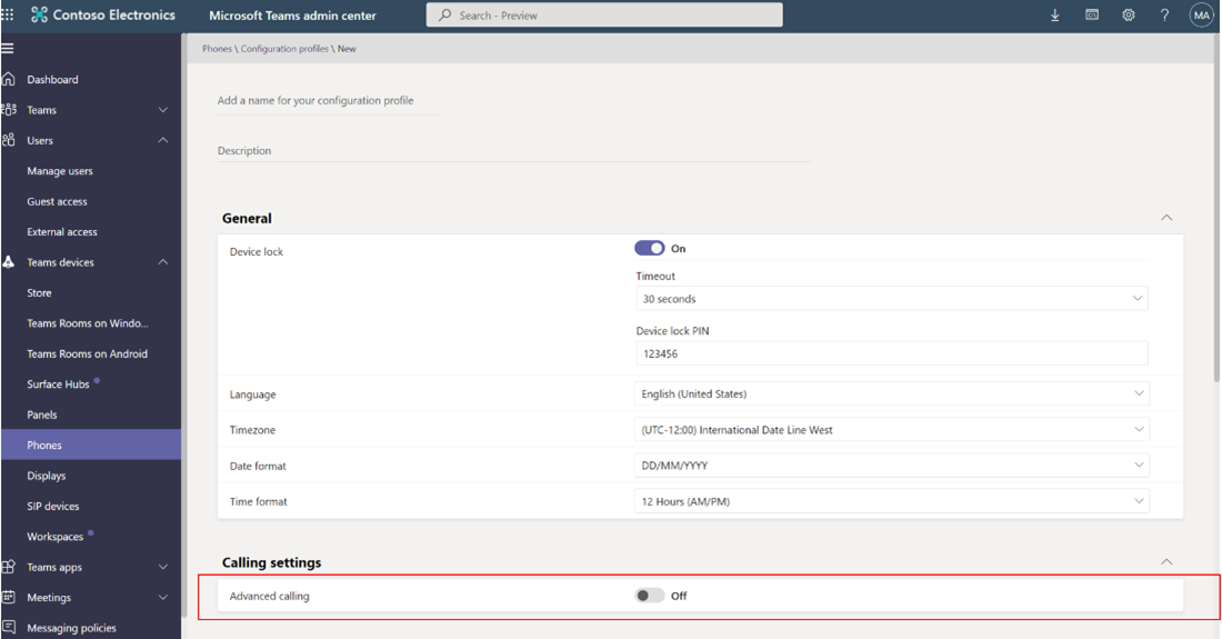 Screenshot of Teams admin center. A red box highlights the advance calling setting. 