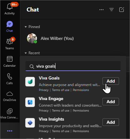 Screenshot of Teams with the ellipsis selected and Viva Goals typed in the search bar.