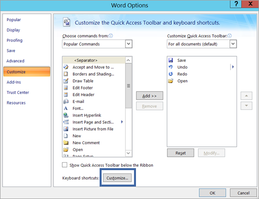 The Customize button in the Word Options - Customize pane