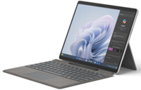 Screenshot of the Surface Pro 10 for Business in laptop mode with Surface Pro Keyboard with pen storage and Surface Slim Pen with the screen facing outward and Copilot and Windows on the screen.