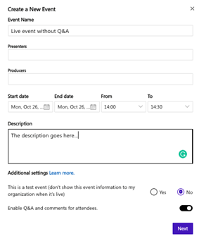 Screenshot showing Live Events question and answer settings in Yammer